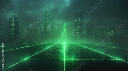 Bright green laser beams forming a grid pattern on a dark, foggy background, adding depth to the visual