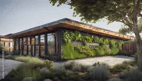 Sustainable building with solar panels, green wall, large windows, and reclaimed materials.