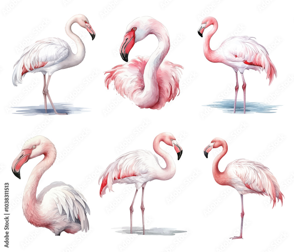 Obraz premium Watercolor pink flamingo birds tropical Animals illustration set on white background