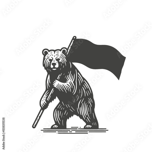 Bear holding and waving a flag. Isolated vector illustration