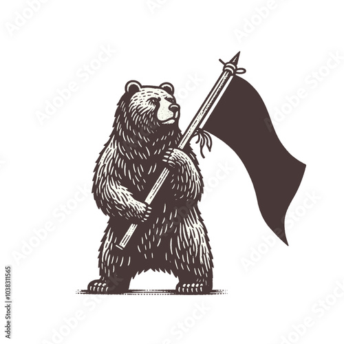 Bear holding and waving a flag. Isolated vector illustration