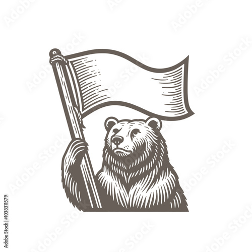 Bear holding and waving a flag. Isolated vector illustration