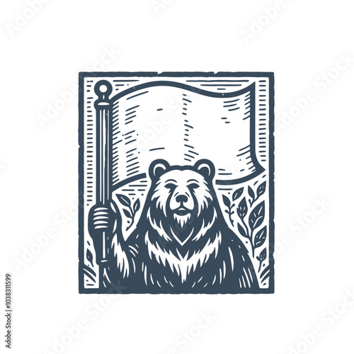 Bear holding and waving a flag. Isolated vector illustration