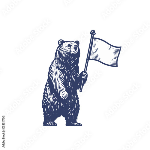 Bear holding and waving a flag. Isolated vector illustration