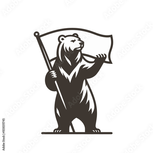 Bear holding and waving a flag. Isolated vector illustration