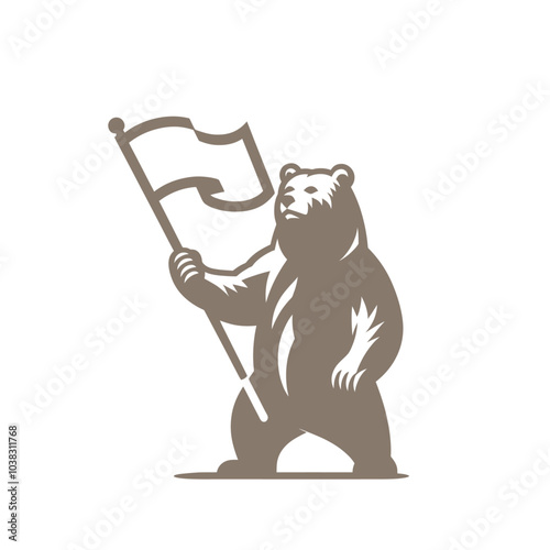 Bear holding and waving a flag. Isolated vector illustration
