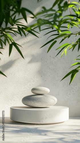 Zen-inspired composition: smooth pebbles balanced on white pedestal, casting soft shadows beneath lush bamboo leaves. Serene minimalism meets nature's grace.