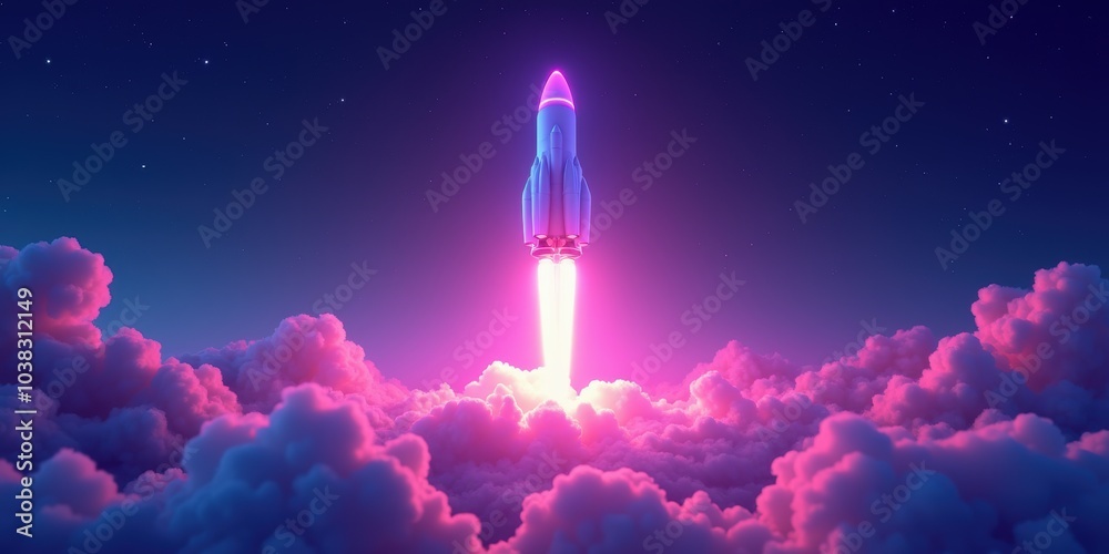 Fototapeta premium A stunning depiction of a rocket launching into a vibrant sky, symbolizing innovation, exploration, and the limitless possibilities of technology.