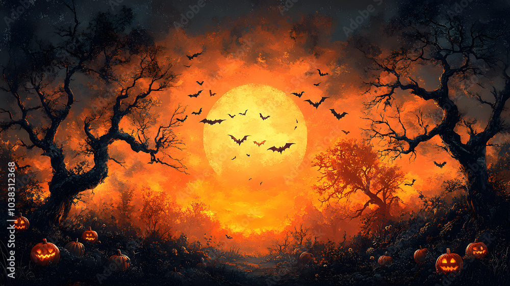 Halloween Background with Pumpkins, Bats, and Trees – A Spooky and Whimsical Scene Perfect for Your Seasonal Designs. Embrace the Spirit of Halloween with This Vibrant Vector Art!
Halloween Background with Pumpkins, Bats, and Trees – A Spooky and Whimsical Scene Perfect for Your Seasonal Designs. Embrace the Spirit of Halloween with This Vibrant Vector Art!