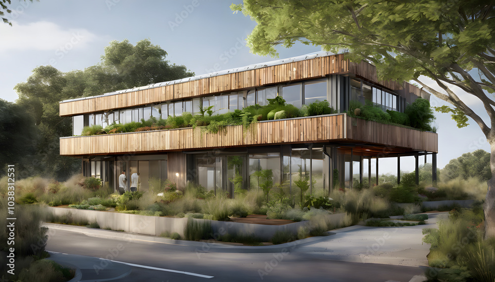 Sustainable building with solar panels, green wall, large windows, and reclaimed materials. Sustainable building with solar panels, green wall, large windows, and reclaimed materials.