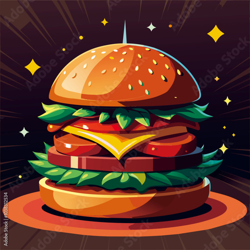 Delicious Cartoon burger Vector illustration.