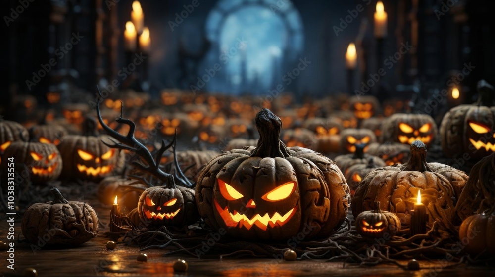 Fototapeta premium A large group of pumpkins with scary faces are lit up in a dark room