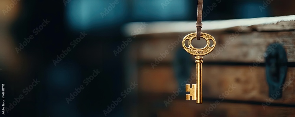 An antique golden key hanging from a wood box, symbolizing unlocking potential and opportunities in business. An antique golden key hanging from a wood box, symbolizing unlocking potential and opportunities in business.