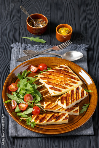 Grilled Greek Halloumi Cheese on sticks, top view photo