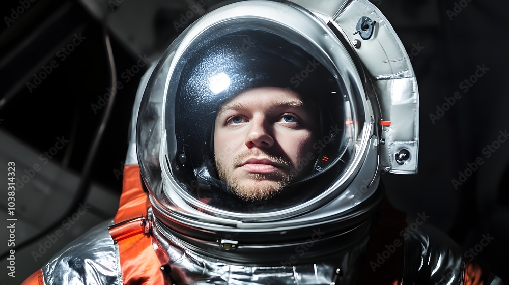 A young man in a space suit looks intently at the camera.