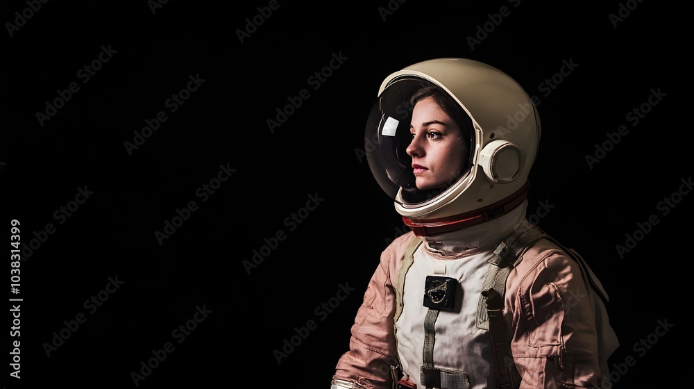 A young woman in an astronaut suit stares off into the distance. A young woman in an astronaut suit stares off into the distance.