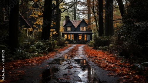 A house is surrounded by trees and there is a road in front of it