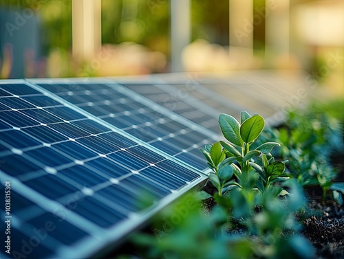 Solar panels in the garden with small plants growing next to them, renewable energy. Detail of solar panels, environmentally friendly technology and sustainable living