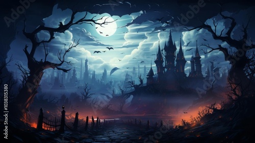 A dark and eerie scene with a castle in the background