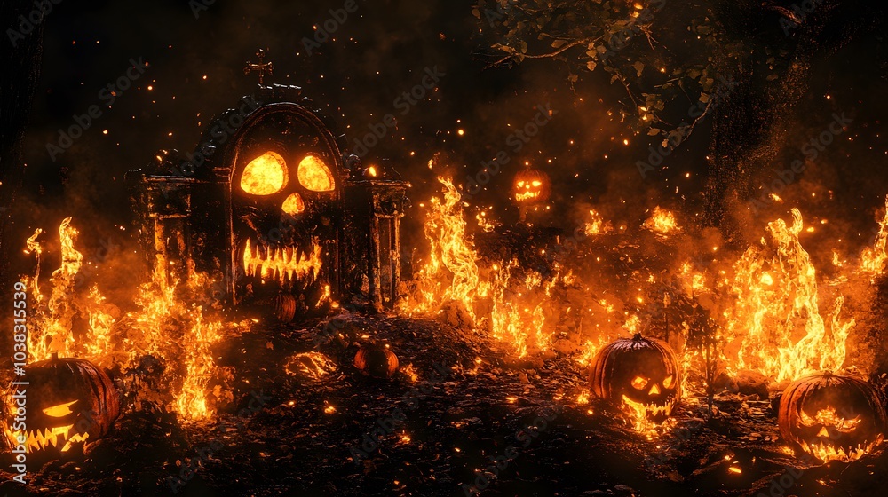 A graveyard scene with a skull and a large pile of pumpkins. The scene is set on fire, creating a spooky and eerie atmosphere A graveyard scene with a skull and a large pile of pumpkins. The scene is set on fire, creating a spooky and eerie atmosphere
