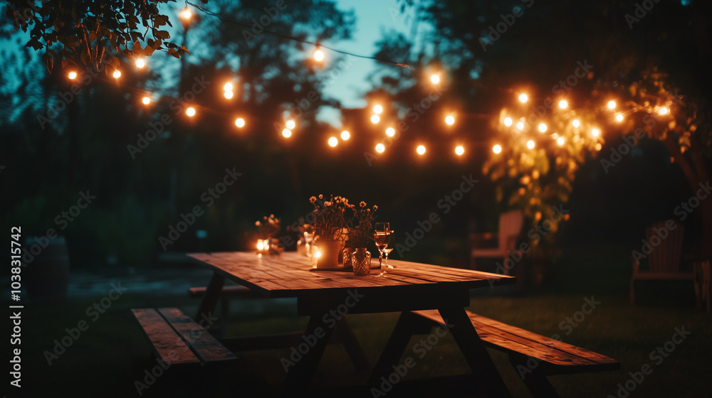 A backyard party at night featuring multiple strings of lights crisscrossing above a wooden table set for guests. The warm glow from the lights beautifully contrasts with the dark, starry sky A backyard party at night featuring multiple strings of lights crisscrossing above a wooden table set for guests. The warm glow from the lights beautifully contrasts with the dark, starry sky