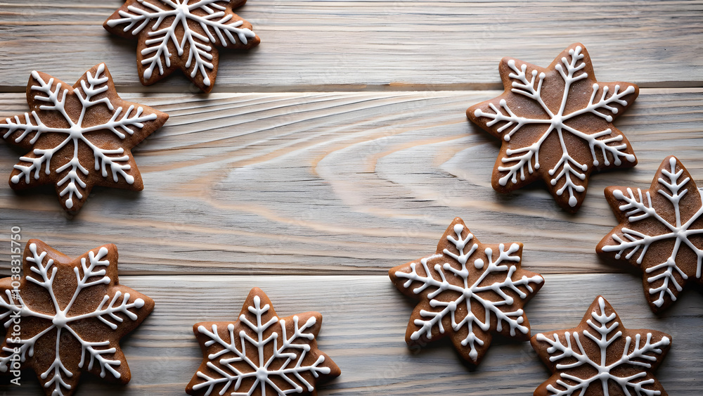 Snowflake Chocolate Cookies with Blank Space for Copy. Perfect for: Christmas, Winter holidays, Bakery promotions