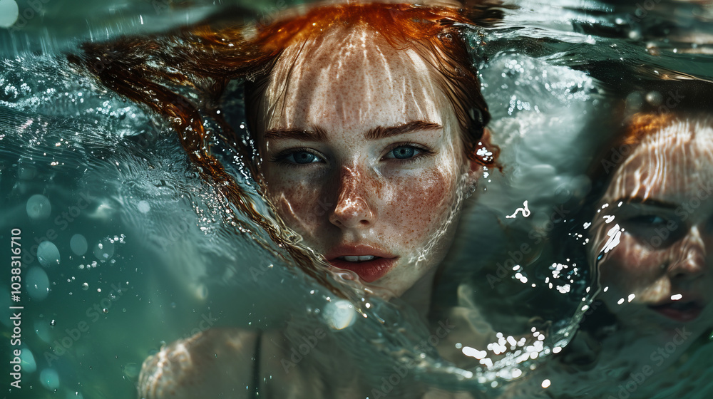 A girl with freckles is immersed in water, her serious look emphasizes calmness and naturalness, and the play of light on the water adds magic. A girl with freckles is immersed in water, her serious look emphasizes calmness and naturalness, and the play of light on the water adds magic.