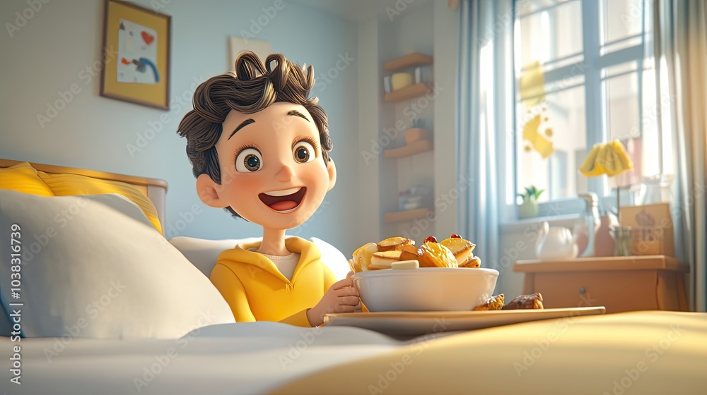 A Happy Cartoon Boy Enjoying Breakfast in Bed A Happy Cartoon Boy Enjoying Breakfast in Bed