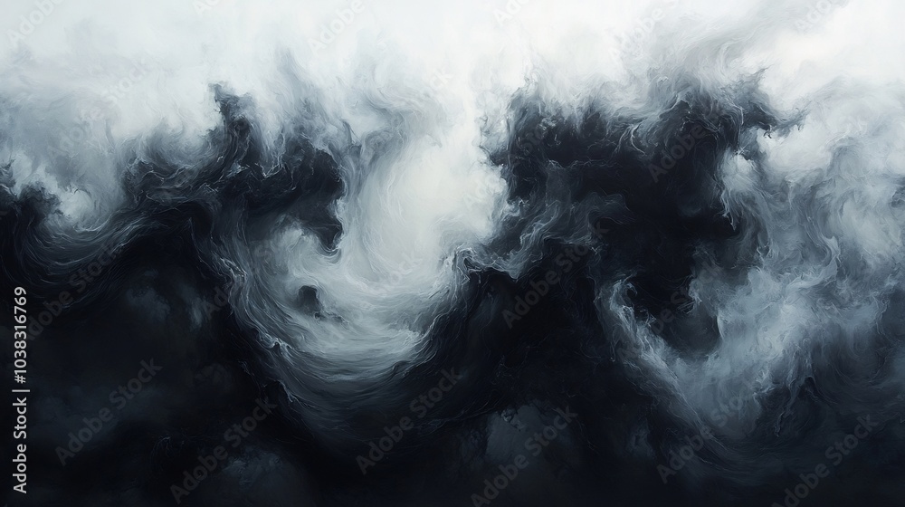 Powerful formation of black clouds and stormy smoke billows across a white background capturing the essence of an impending storm with swirling dark shapes in an abstract atmospheric display Powerful formation of black clouds and stormy smoke billows across a white background capturing the essence of an impending storm with swirling dark shapes in an abstract atmospheric display