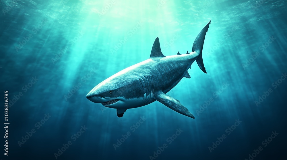 Fototapeta premium Underwater scene featuring a majestic shark swimming gracefully in blue waters.
