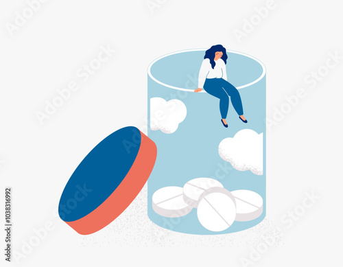 Sad woman sitting o the big pill jar. Depressed female on the large bottle with tablets. Drug addiction, antidepressant dependence and pharmaceutical substances. Vector illustration