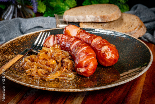 Fried sausage with onions.