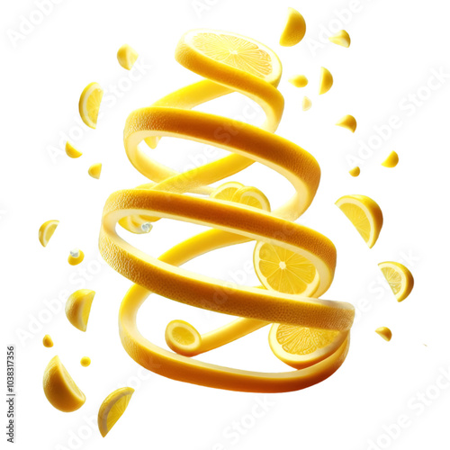  A lemon slice is being cut into a spiral shape, showcasing its vibrant yellow color and juicy texture.