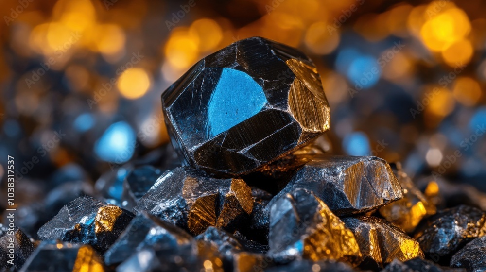 A pile of black rocks with a blue stone in the middle A pile of black rocks with a blue stone in the middle
