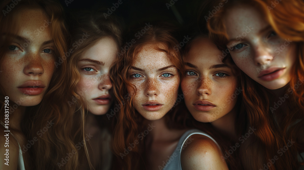 Obraz premium The blue eyes of the girls and their freckles on wet skin stand out against a soft background, creating a harmonious and gentle image.