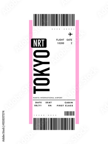 Canvas Print An original, custom-made pink first-class Tokyo boarding ticket | High-resolution PNG minimalist design | Perfect for travel-themed scrapbooks, planners, or personalizing accessories