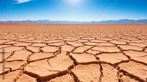 Vast desert landscape with dry cracked earth under a clear blue sky.