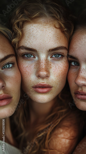 The faces of three girls with freckles and moist skin convey a feeling of freshness and natural beauty, the emphasis on blue eyes creates an effect of mystery.