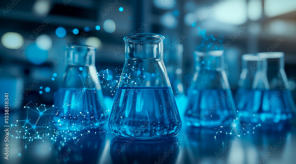 A close-up of beakers and test tubes filled with blue liquid, surrounded by chemical symbols