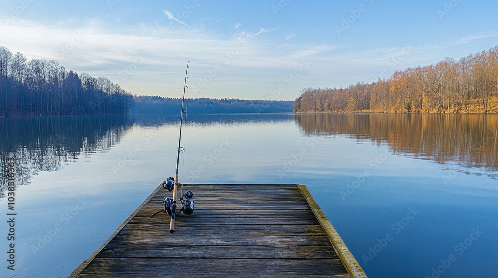 Fototapeta premium A peaceful fishing pier overlooking a serene lake with fishing rods and bait, Fishing equipment and scenic views set up for leisurely angling, Natural photo of