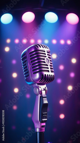 Retro microphone on stage illuminated by vibrant lights