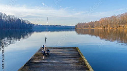 A peaceful fishing pier overlooking a serene lake with fishing rods and bait, Fishing equipment and scenic views set up for leisurely angling, Natural photo of photo