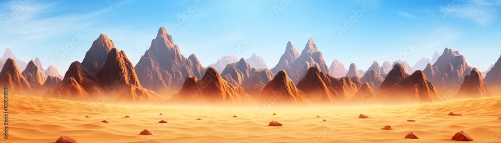 Naklejka premium Vast desert landscape with mountains under a clear blue sky, serene and expansive.