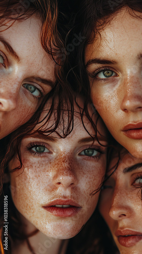  Three girls with wet faces and freckles are pressed against each other, their blue eyes and soft light convey an atmosphere of lightness and naturalness.