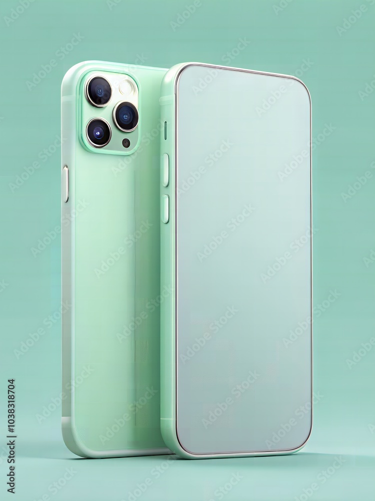 A sleek mockup of the smartphone in mint color with soft green background