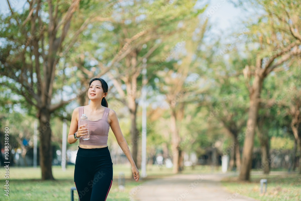 A sporty woman drinks water after her exercise in the park. rehydrating after a vigorous workout, A sporty woman drinks water after her exercise in the park. rehydrating after a vigorous workout,