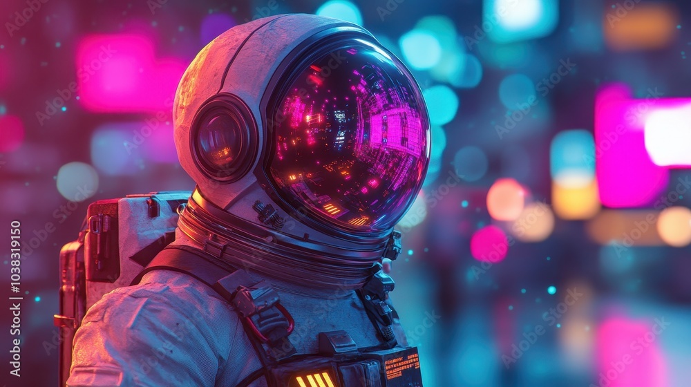 3D illustration of astronaut in futuristic neon lit cyberpunk city. Neon pink blue violet night astronaut. Generative ai. Illustration art. 3D illustration of astronaut in futuristic neon lit cyberpunk city. Neon pink blue violet night astronaut. Generative ai. Illustration art.