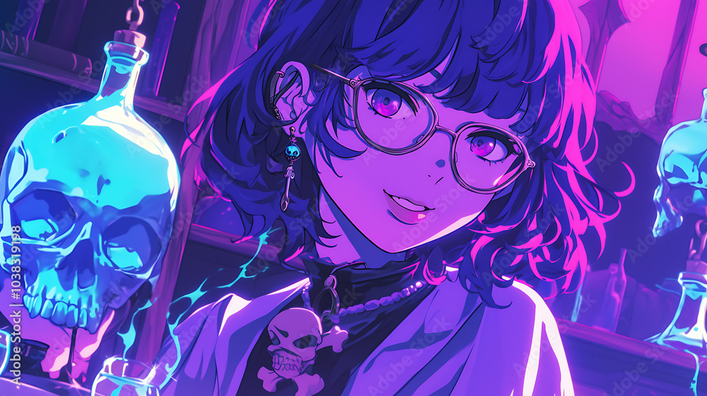 anime girl wearing glasses witch robe with potion and skull anime girl wearing glasses witch robe with potion and skull