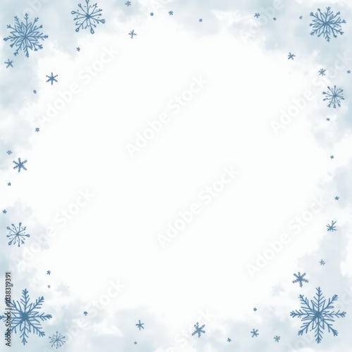 Winter snow frame. Christmas watercolor Snowflakes border. Snowy frame frozen background