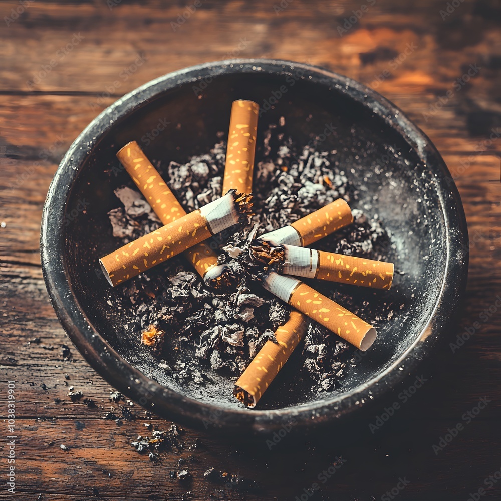 Cigarette dregs and ashes in a black ashtray on a wooden surface Cigarette dregs and ashes in a black ashtray on a wooden surface
